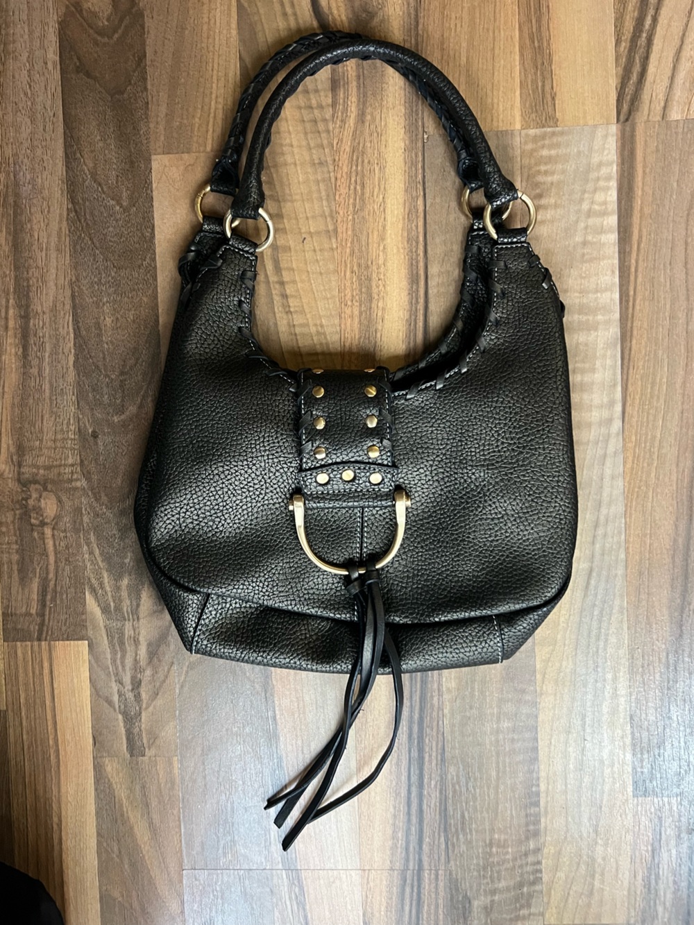 Black Pebbled Shoulder Bag with Gold Ring Accent